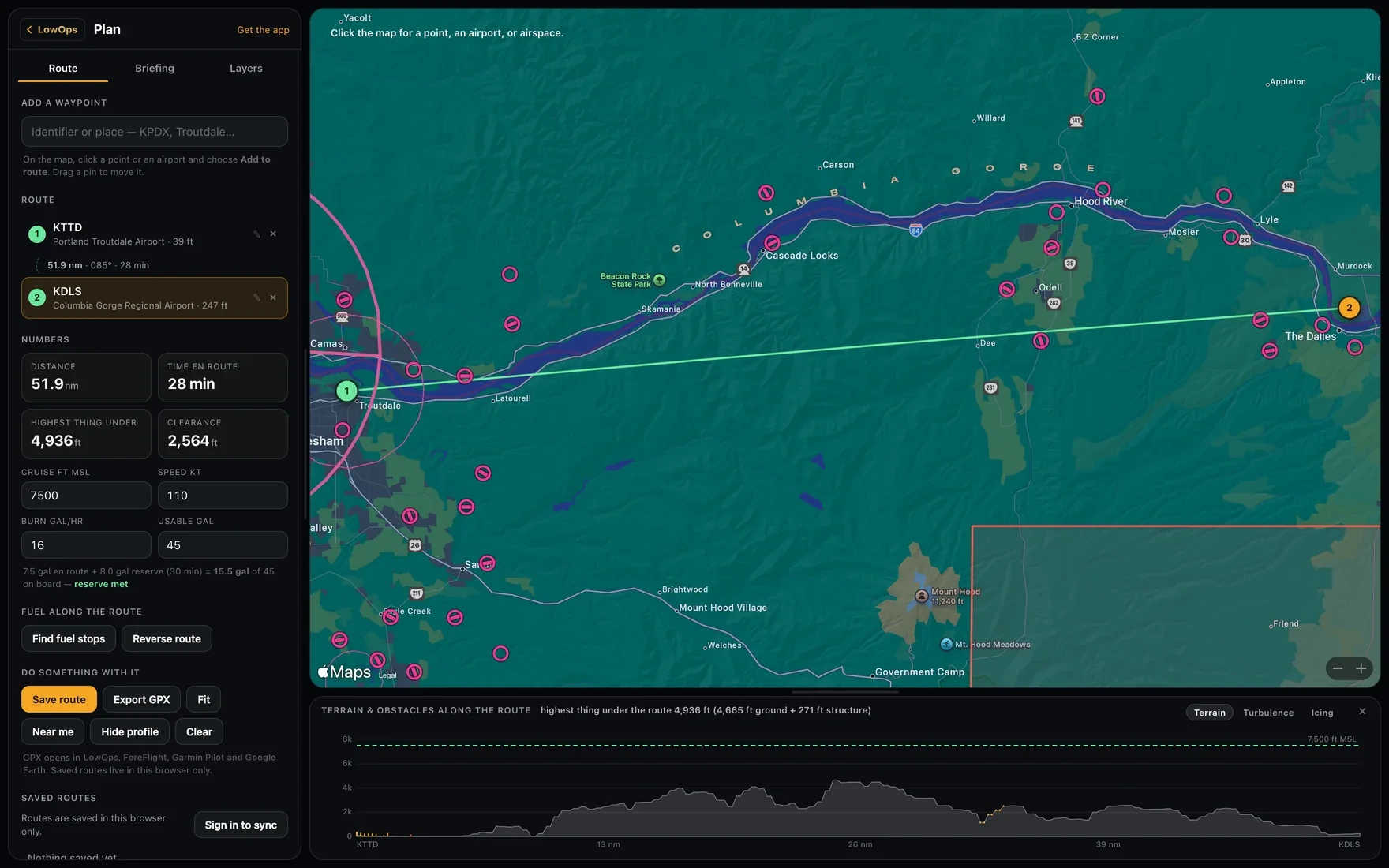 FLYT Plan in the browser: a route from Portland-Troutdale to The Dalles across the Columbia Gorge, with distance, time en route, the highest thing under the route and clearance beside it, obstacles marked across the map, and a terrain profile along the bottom.