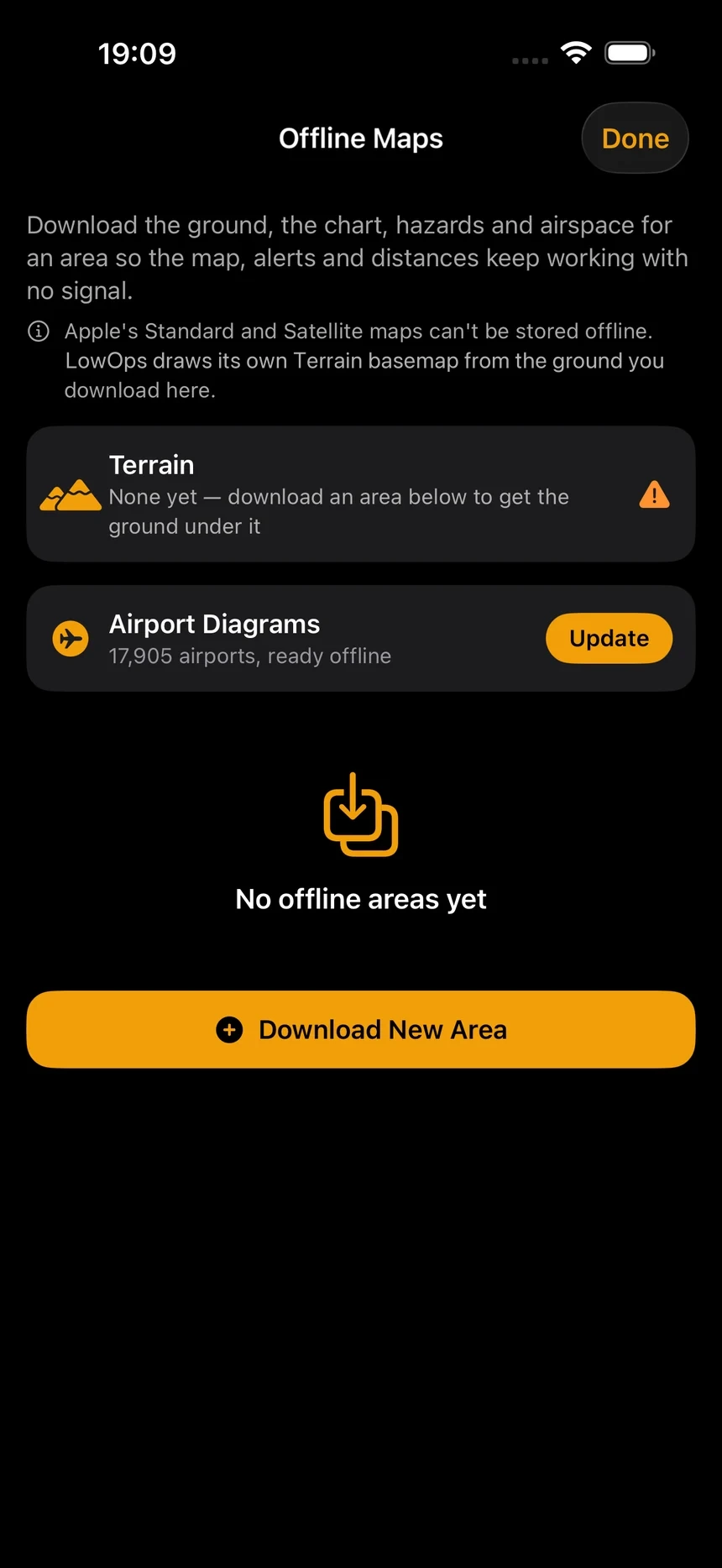 FLYT's offline maps: terrain, chart, hazards and airspace downloaded per area, with 17,905 airport diagrams already stored on the device.