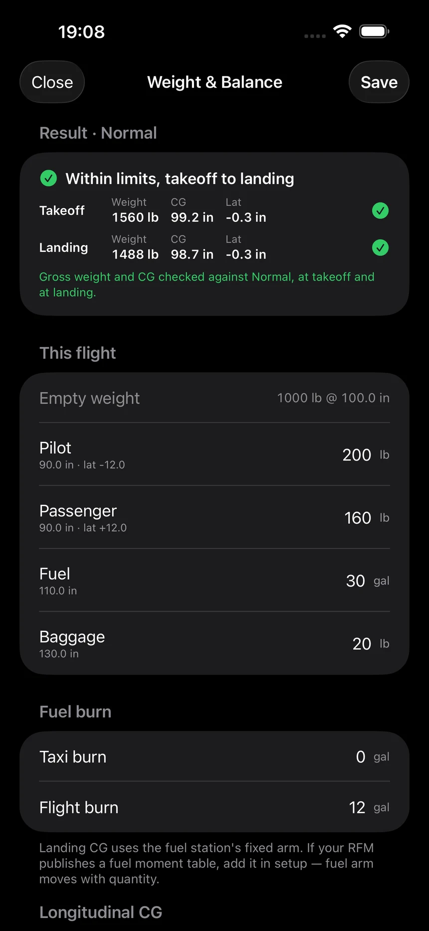 A FLYT weight and balance result: within limits from takeoff to landing, with weight, CG and lateral CG checked at both ends.